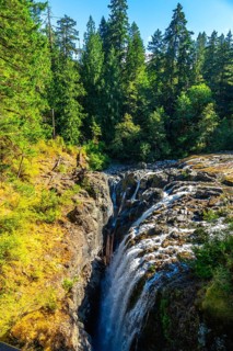 Englishman river falls cascading down a narrow gorge on vancouver island, british columbia, canada,