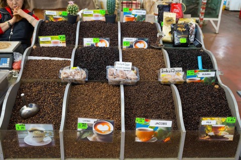 Market stand with a wide selection of different types of coffee beans, Akhaltsikhe market,