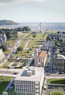View down Armada way to coast and Plymouth Hoe, Plymouth, Devon, England, UK c 1962