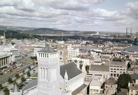 View over Guildhall building and city centre, Plymouth, Devon, England, UK c 1962