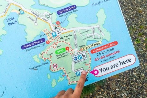 Tourist pointing at you are here indicator on a wet trail map in ucluelet, a district municipality