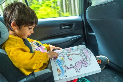 Young child concentrating on a coloring book in a car seat during a scenic drive through the