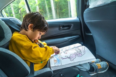 Young boy concentrating on coloring a flamingo in a book while secured in a car seat during a road