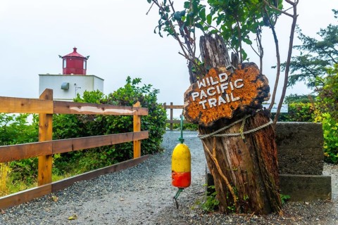 Wild pacific trail sign marking the hiking path near amphitrite point lighthouse in ucluelet,