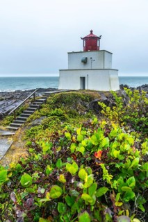White lighthouse with a striking red top rising from a rocky shore, surrounded by lush green