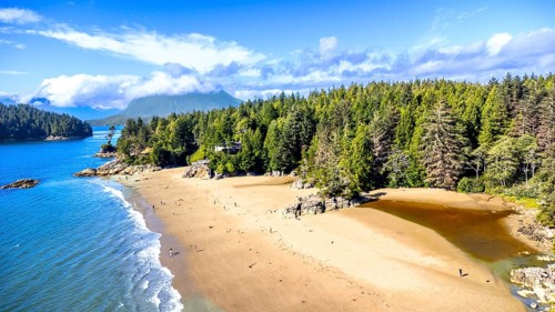 Aerial view of mackenzie beach in tofino, vancouver island, british columbia, canada, showing