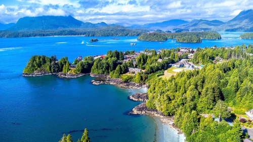 Breathtaking aerial view of tofino, a charming town on vancouver island, capturing its stunning
