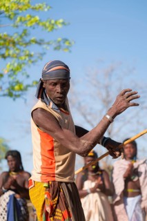 Traditional dance, men of the Hakaona tribe also Havakona or Hakawona, near Opuwo, Kunene, Namibia