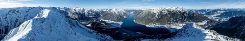 Aerial view, epic view of mountain landscape with snow in winter, summit of Bärenkopf, Achensee,
