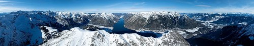 Alpine panorama, aerial view, epic view of mountain landscape with snow in winter, Bärenkopf