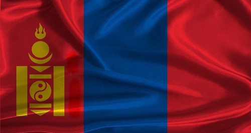 Mongolia flag with cloth textured background. National flag of Mongolia with realistic texture