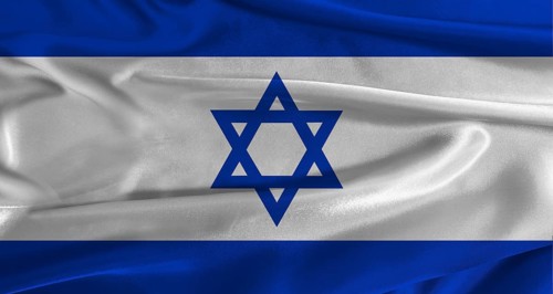 Flag of Israel with fabric textured background. Close up of National flag of Israel with realistic