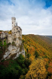 Castle and autumnal forest, Lichtenstein Castle, Honau, Echaz Valley, Swabian Jura,