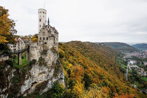 Castle and autumnal forest, Lichtenstein Castle, Honau, Echaz Valley, Swabian Jura,