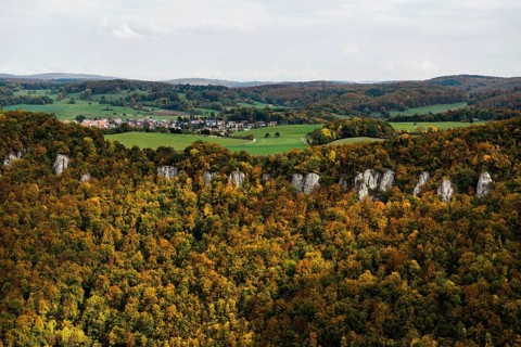 View, panorama of Lichtenstein Castle, Honau, Echaz Valley, Swabian Jura, Baden-Württemberg,