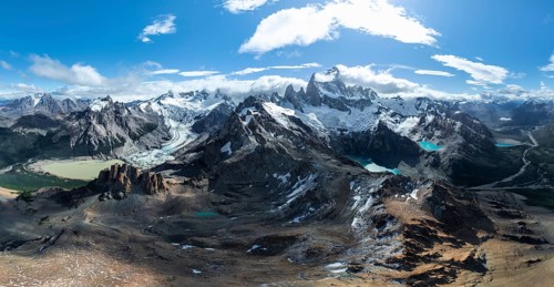Aerial view, epic panorama, large glaciers, glacial lakes Lago de los Tres Laguna Sucia and Laguna