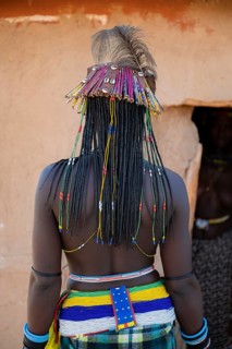 Detail hair decoration, brightly decorated woman of the Hakaona tribe, also Havakona or Hakawona,