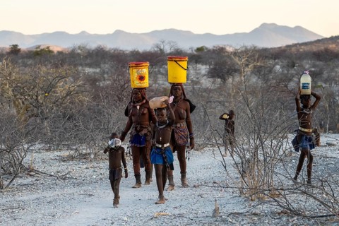 Himba woman and children run to fetch water with canisters through dry countryside, traditional