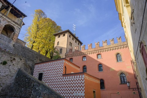 Colourfully painted house in the old town, Castell'Arquato, Piacenza province, Italy