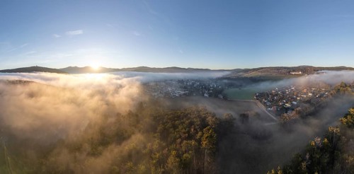 Aerial view of fog over the city, Berndorf, Lower Austria, Austria