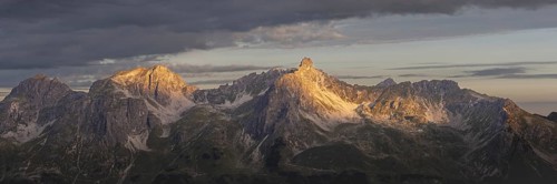 Sunrise on the Mindelheim via ferrata, a mountain range with the three sheep alpine heads up to the