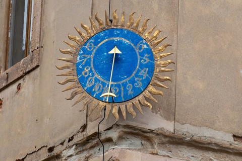 Artfully designed sundial with blue dial, Altenburg, Thuringia, Germany