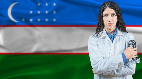 Uzbek national health system, Medical professional on Uzbekistan flag background