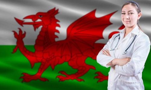 Female doctor on Welsh flag. Doctor with crossed arms on Wales flag. Welsh health and care concept