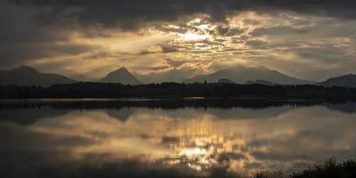 Sunset panorama, Hopfensee, Hopfen am See, near Füssen, Ostallgäu, Allgäu, Bavaria, Germany