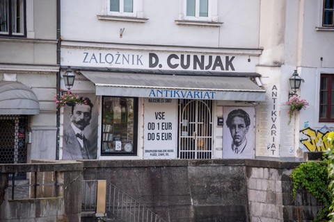 Façade of a second-hand bookshop in the old town of Ljubljana, Slovenia