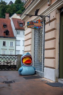 Oversized plastic duck in shark costume, Ljubljana, Slovenia