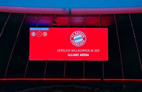 Scoreboard, greeting WELCOME TO ALLIANZ ARENA, Allianz Arena, Munich, Bavaria, Germany