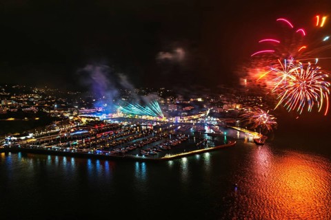 Bay of Lights Illumination Trail Fireworks over Torquay Horbour from a drone, Torbay, Devon,