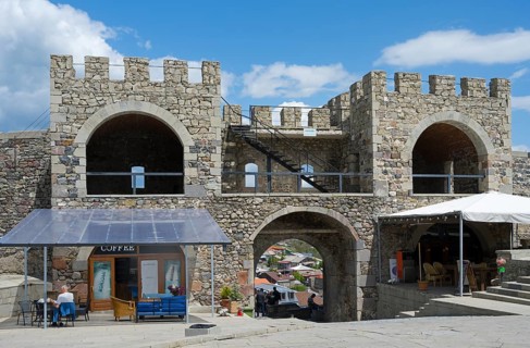 A café in a medieval castle with stone floors and arches, covered by a terrace, Rabati Fortress,