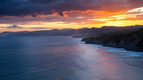 Wairarapa coast at sunset. sea, mountains. Castlepoint, Wairarapa Coast, Wellington Region, North