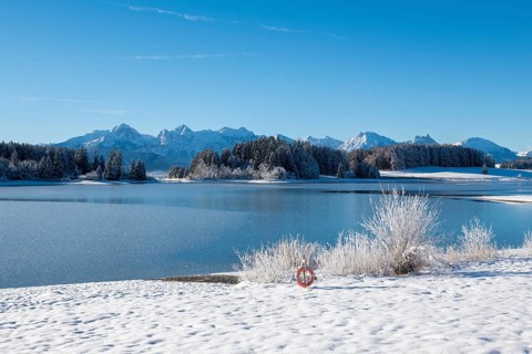 Snowy lakeside landscape with mountains in the background and clear sky, Forggensee near