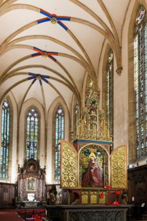Famous medieval painting, Madonna in the Garden of Roses, by Martin Schongauer, Dominican Church,