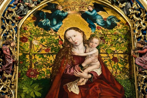 Famous medieval painting, Madonna in the Garden of Roses, by Martin Schongauer, Dominican Church,