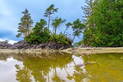 Serene coastal landscape showcasing a small rocky islet adorned with lush green vegetation, its