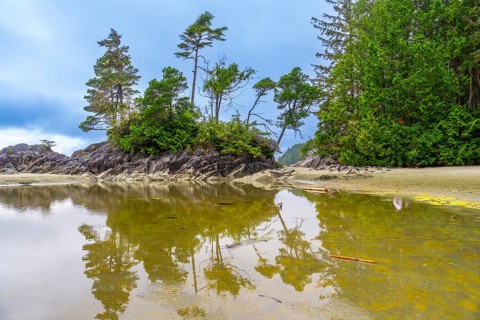 Serene coastal landscape featuring a lush green islet surrounded by shallow, reflective waters in