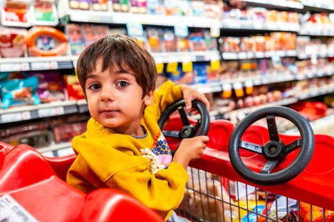 Adorable toddler having fun driving a shopping cart with a toy steering wheel attached, enjoying a