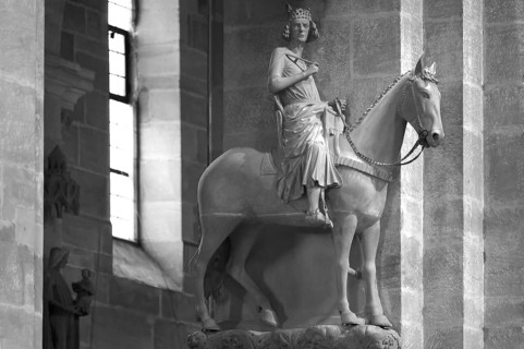Bamberg horse-rider, stone equestrian statue, first half of the 13th century, black and white,