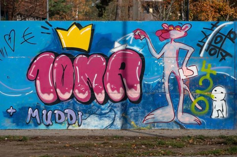 Graffiti with Paulchen Panther in the schoolyard of a secondary school, Röthebach, Middle