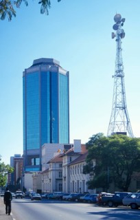 High-rise building and television tower in the city center of Harare, Zimbabwe, Africa, June 2000,