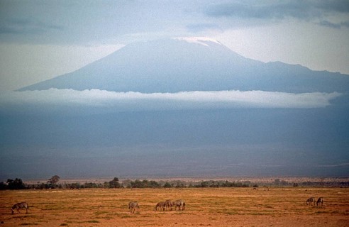 View of Mount Kilimanjaro from Amboseli National Park, Kenya, Africa, June 2000, vintage, retro,
