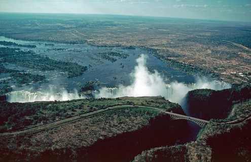 Aerial view, Victoria Falls, Zambezi, Zambezi Bridge, Zimbabwe, Africa, June 2000, vintage, retro,