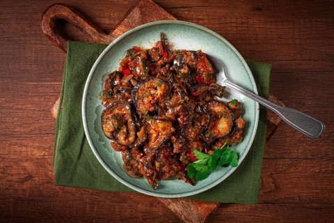 Meat with eggplant, Georgian dish, homemade, no people