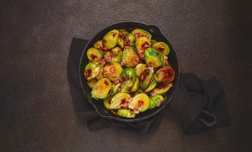 Roasted brussels sprouts, with bacon, vegetarian food, homemade, no people