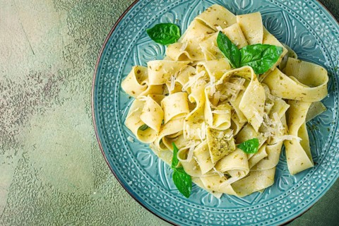 Pasta papardelle, with pesto and parmesan cheese, homemade, no people