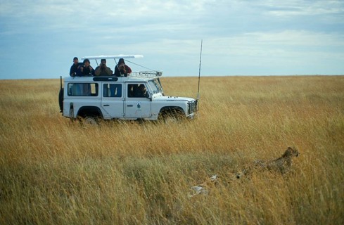 Safari participants watch cheetah, Serengeti, Tanzania, Africa, June 2000, vintage, retro, old,